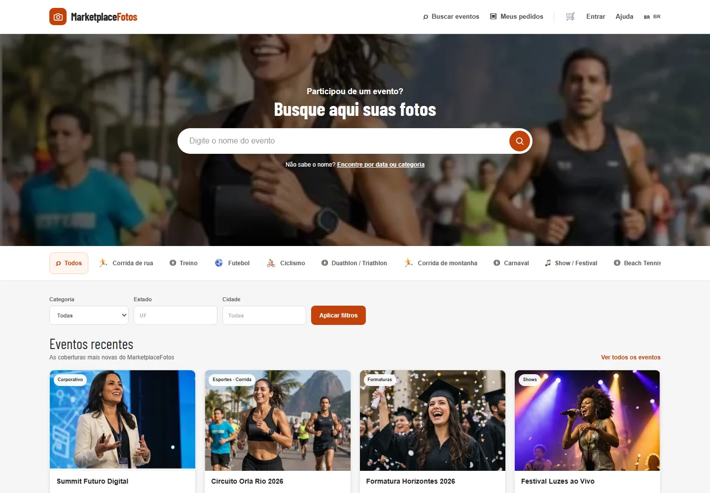 Captura real da plataforma: busca e eventos recentes